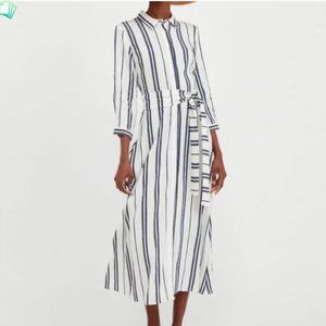 ZARA blue white striped linen blend shirt maxi dress womens XS missing belt !